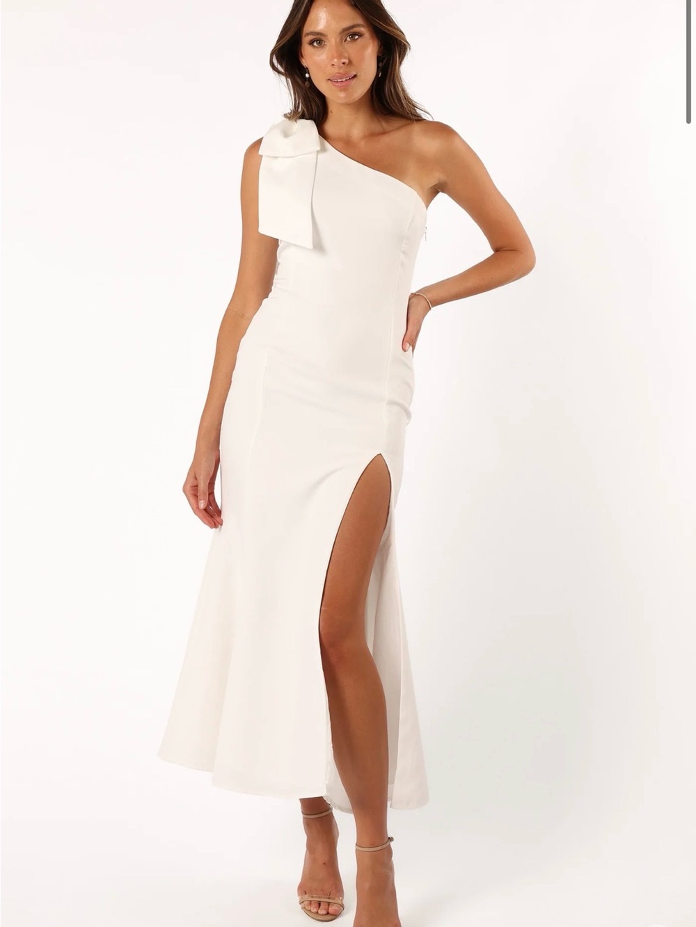 Petal & Pup Charmed One-Shoulder White Evening Mid Dress with Bow and Thigh Slit